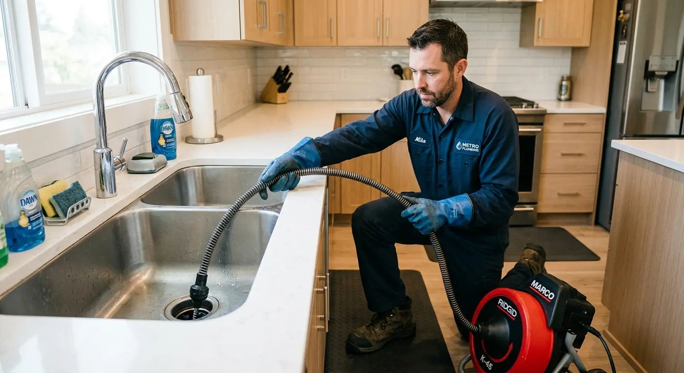 Drain cleaning technician using a motorized snake on a kitchen sink in Calumet City