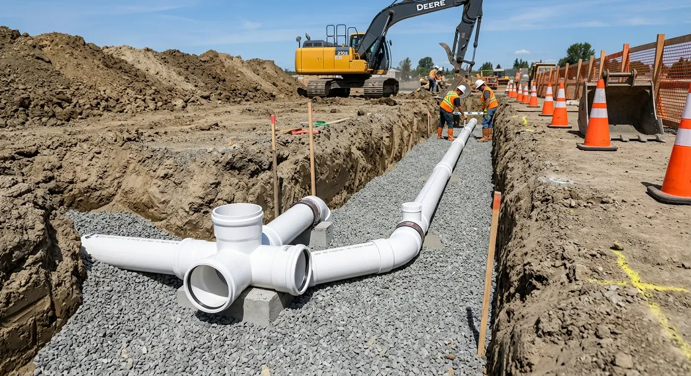 New PVC sewer pipe installation in open trench for Commercial Drain Cleaning in Calumet City
